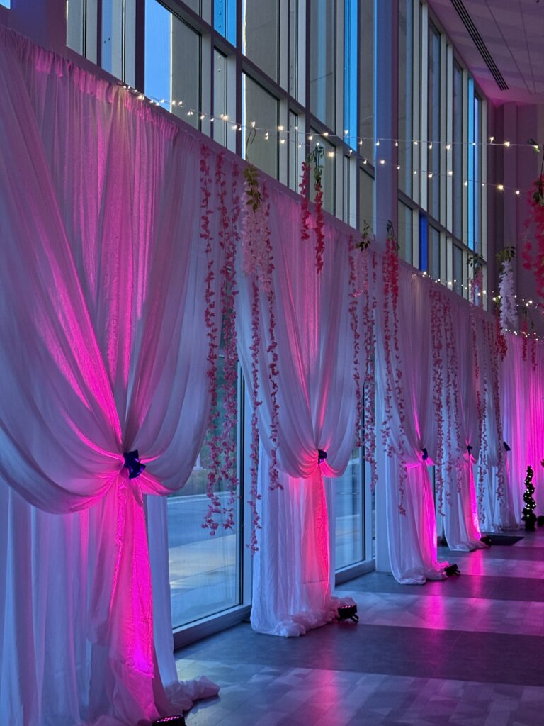 White drape swagged open